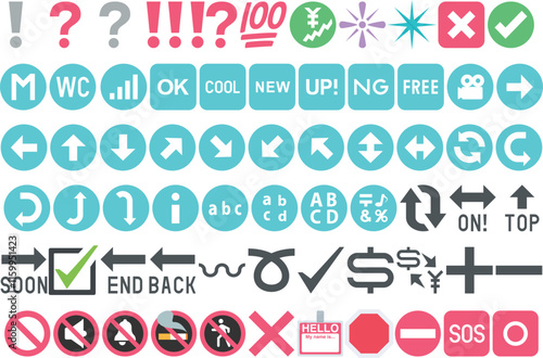 A diverse collection of colorful symbols and icons including arrows, punctuation, and common words.