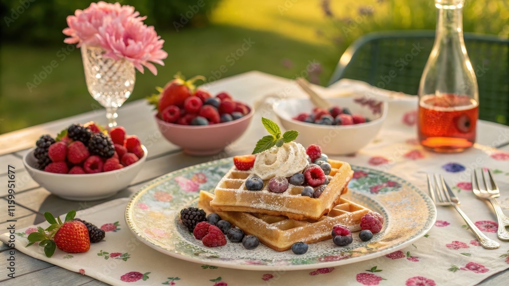 Festive Belgian Waffles with Fresh Berries and Floral Decor Festive Belgian Waffles with Fresh Berries and Floral Decor