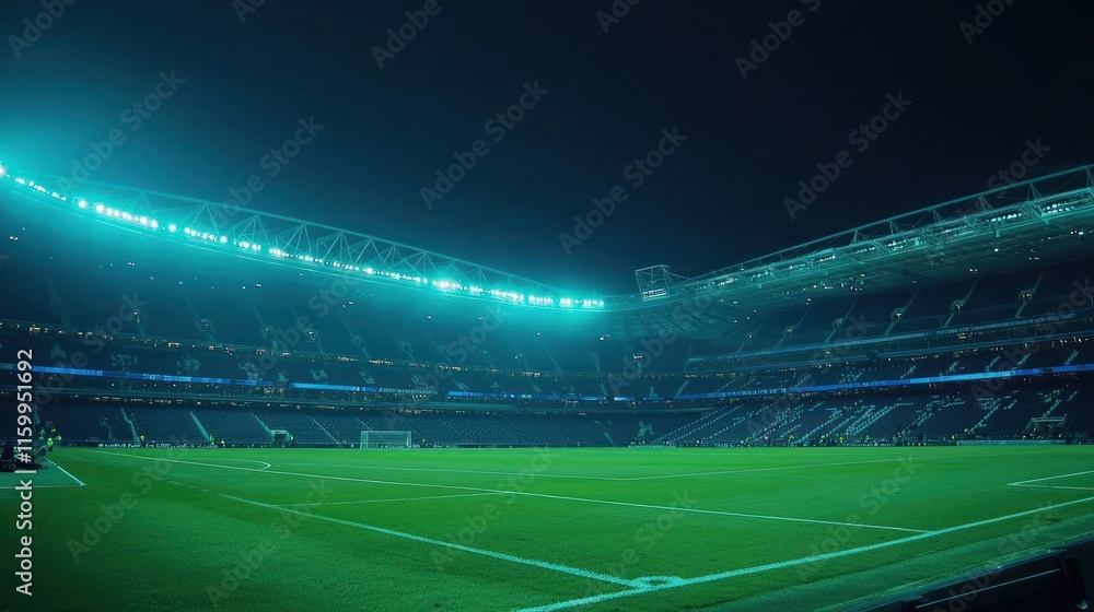 Empty soccer stadium at night, illuminated field. Empty soccer stadium at night, illuminated field.