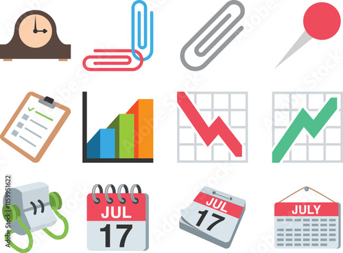 A collection of office-related icons depicting various tools and concepts, such as time management, organization, and data analysis.