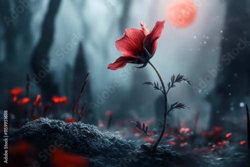 A dramatic depiction of a wilted flower under a blood-red moon, symbolizing beauty fading into darkness photo