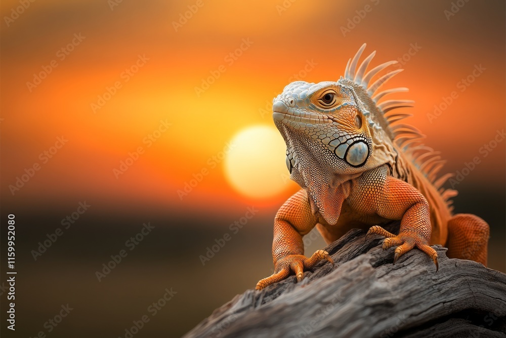Obraz premium A dramatic image of an iguana silhouetted against a fiery sunset, perched on a tree branch