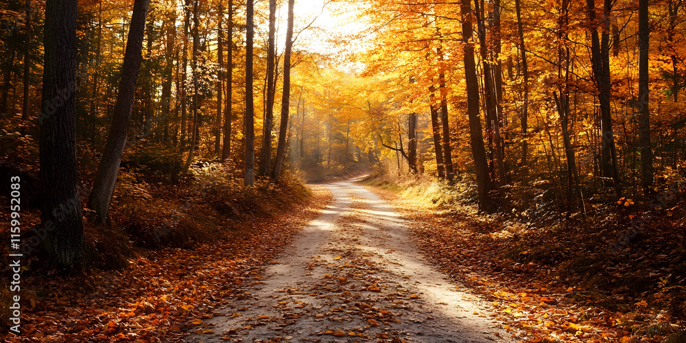 Obraz premium Scenic Autumn Forest Path with Vibrant Foliage and Sunlit Leaves : Generative AI