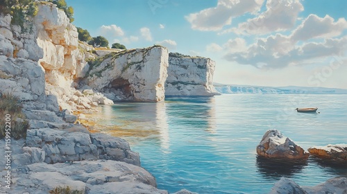 Serene Coastal Cliffscape With Solitary Boat photo