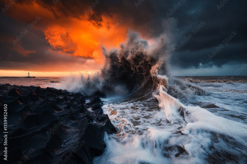 Fototapeta premium A dramatic stormy sky over IJmuiden pier, with waves crashing against the rocks and the lighthouse in the distance