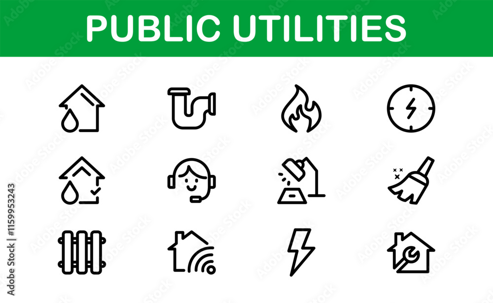 Fototapeta premium Public Utilities Icon Pack. Clean, Editable Line Icons for Energy, Water Supply, Waste Management, and Urban Infrastructure