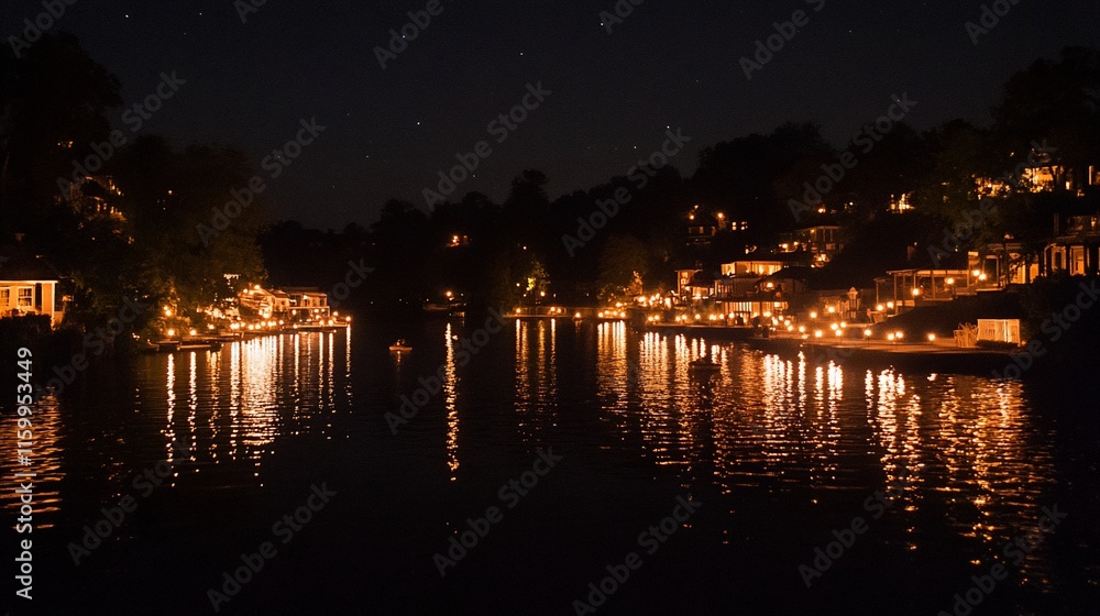 Night scene of waterfront homes with lights reflecting on calm water. Night scene of waterfront homes with lights reflecting on calm water.