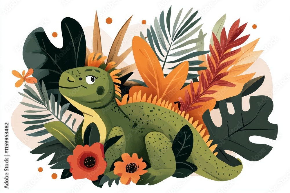 Fototapeta premium A flat 2D graphic of an iguana sunbathing, with vibrant green tones and playful cartoon features