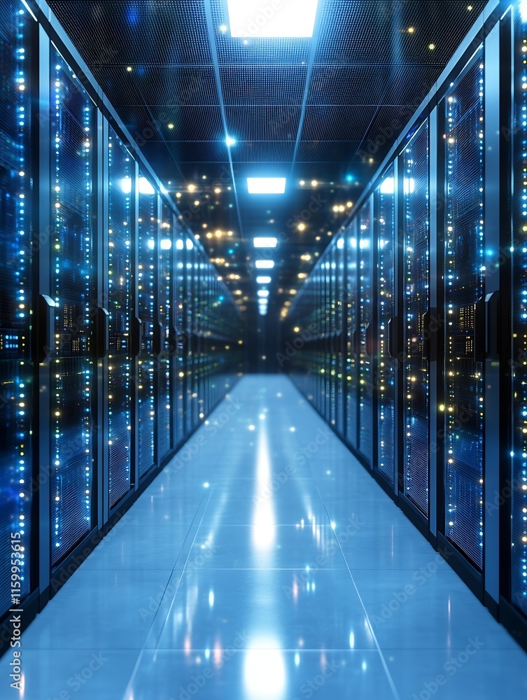 Modern Data Center Aisle with BlueTinted Server Racks and Overhead Lighting : Generative AI