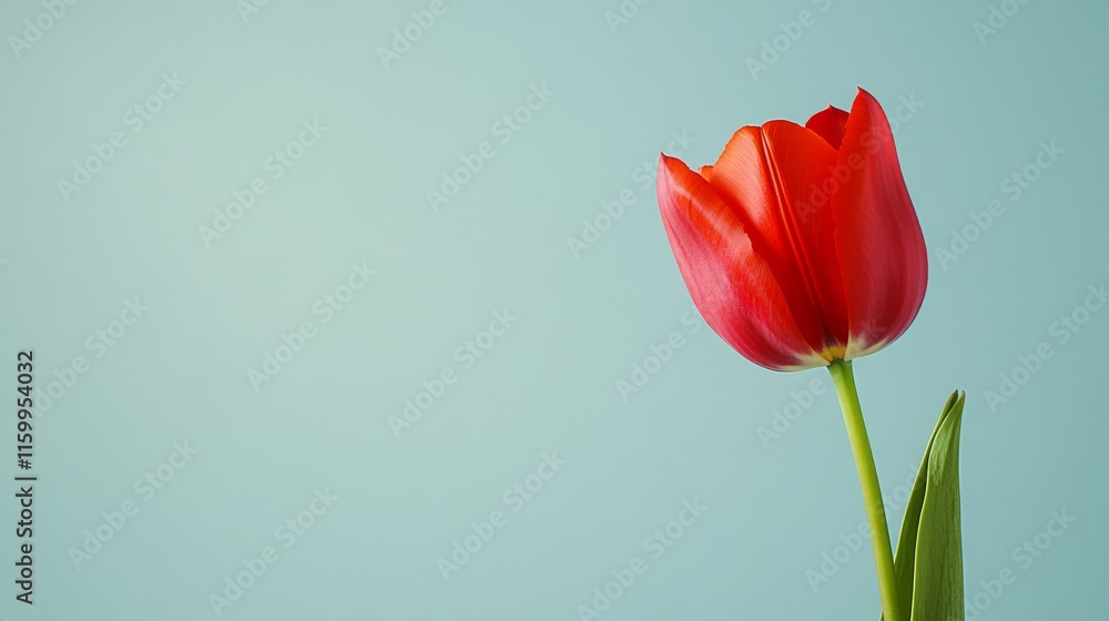 Fototapeta premium A single bright red tulip against a soft gray-blue background, side view shot, Minimalist style