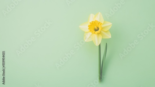 A single cheerful yellow daffodil against a pastel green background, close-up shot, Minimalist style