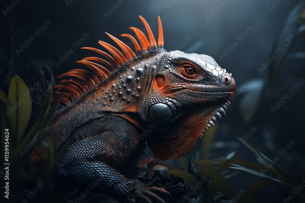 Obraz premium A futuristic iguana with metallic scales and glowing neon spines, perched on a robotic tree in a high-tech jungle