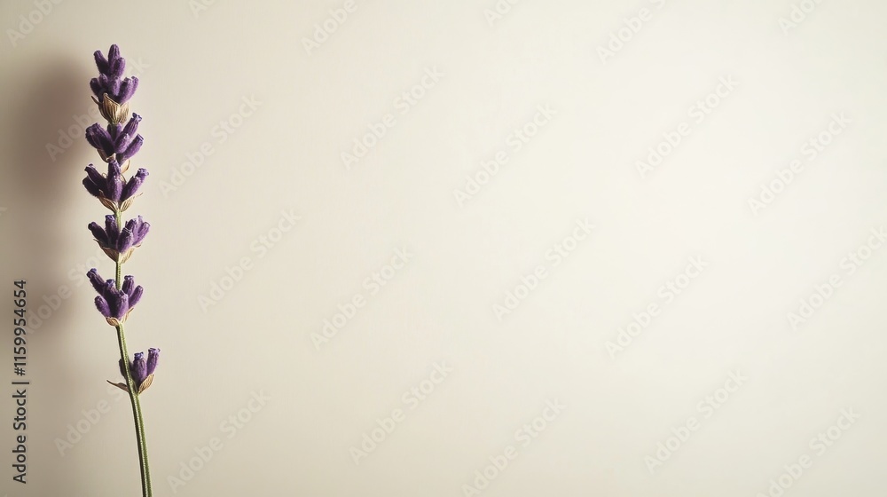 A single deep purple lavender against a pale beige background, diagonal close-up shot, Minimalist style A single deep purple lavender against a pale beige background, diagonal close-up shot, Minimalist style