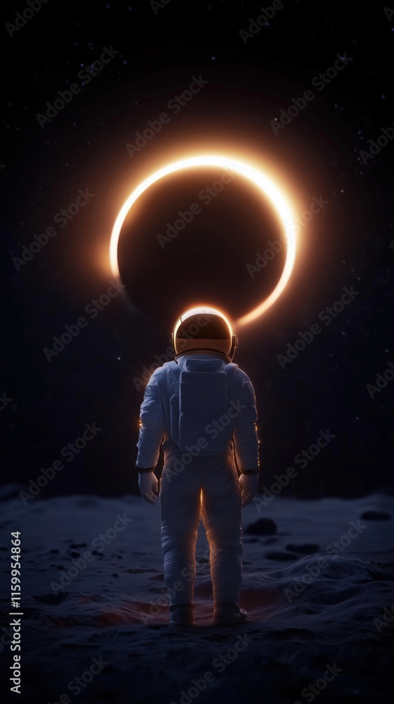 Naklejka premium Astronaut standing on a lunar surface, facing a glowing solar eclipse with radiant light against a starry sky.