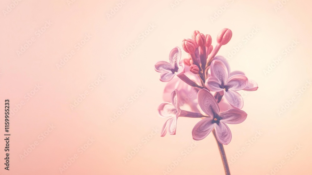 Fototapeta premium A single lilac flower against a gentle peach background, close-up shot, Minimalist style