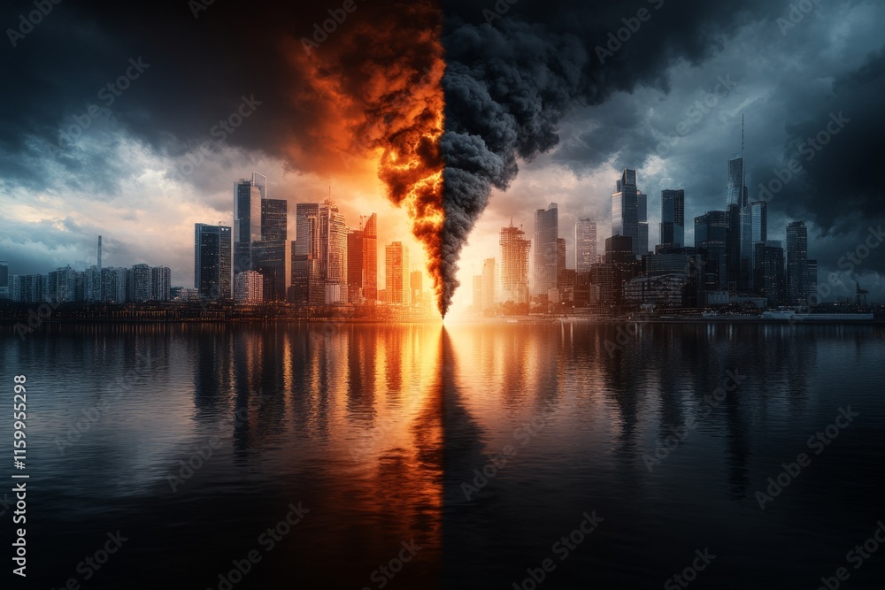 Obraz premium A global warming infographic illustrating rising temperatures over decades, with dramatic visuals and a call to action