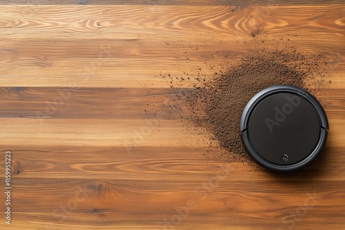 Black robotic vacuum cleaner on wood floor with spilled cocoa powder.