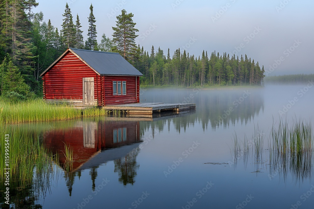 Red cabin reflected in calm lake at dawn. Red cabin reflected in calm lake at dawn.