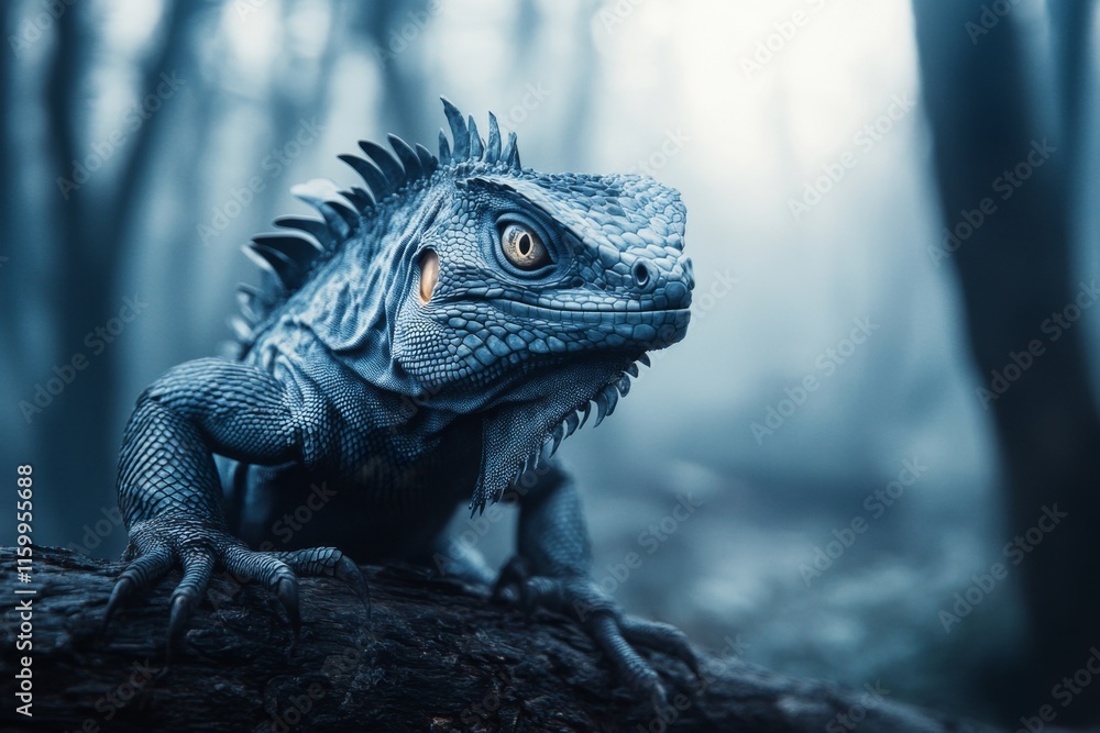 Obraz premium A gothic depiction of an iguana on a shadowy branch, surrounded by dark, eerie forest scenery
