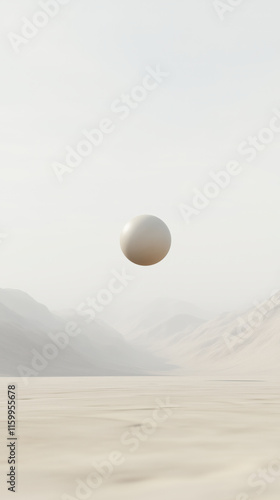 A floating white sphere in a minimal desert landscape under soft light, creating a surreal and serene atmosphere.