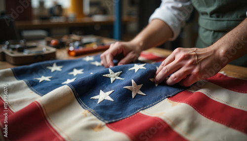 Person repairing American flag on wooden table