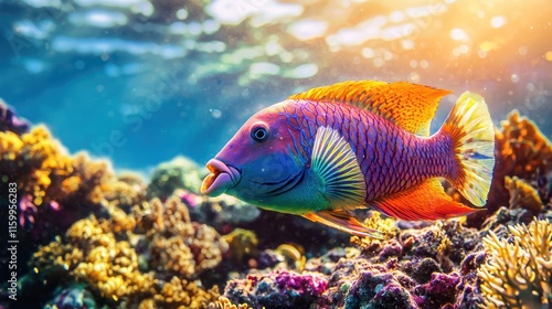 Vibrant rainbow wrasse swimming in coral reef. photo