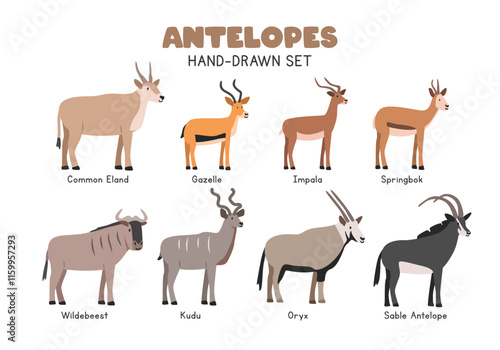 Antelope cartoon clipart set. Common eland, gazelle, impala, wildebeest, kudu, oryx, sable antelope vector illustrations in flat style. Hand-drawn wild animal concept
