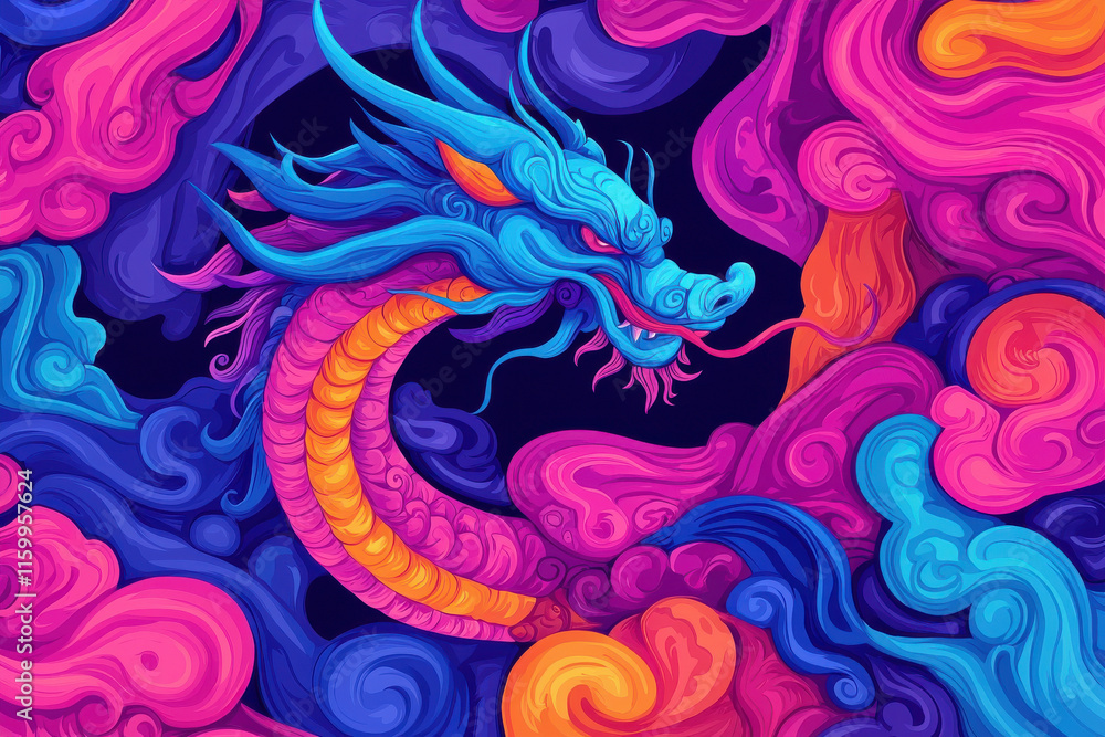 Vibrant dragon surrounded by colorful swirling clouds Vibrant dragon surrounded by colorful swirling clouds