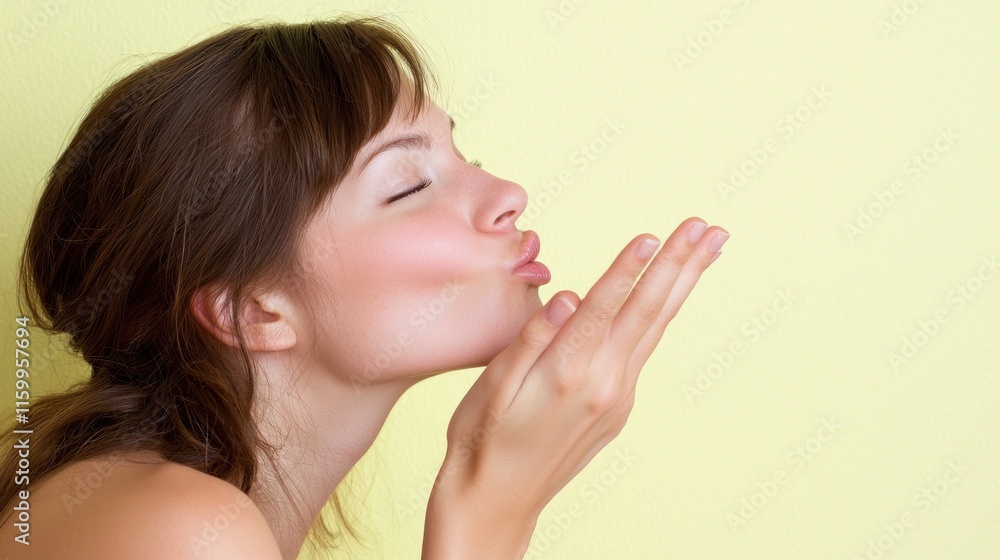 A woman blowing a kiss with a playful expression against a yellow background. A woman blowing a kiss with a playful expression against a yellow background.
