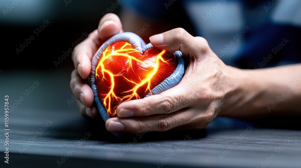 Hands gently holding a glowing heart. Hands gently holding a glowing heart.