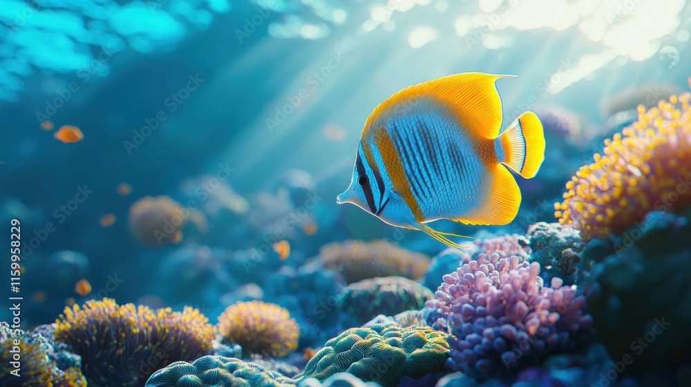 Fototapeta premium Bright orange butterflyfish swimming over vibrant coral reef in sunlit ocean.