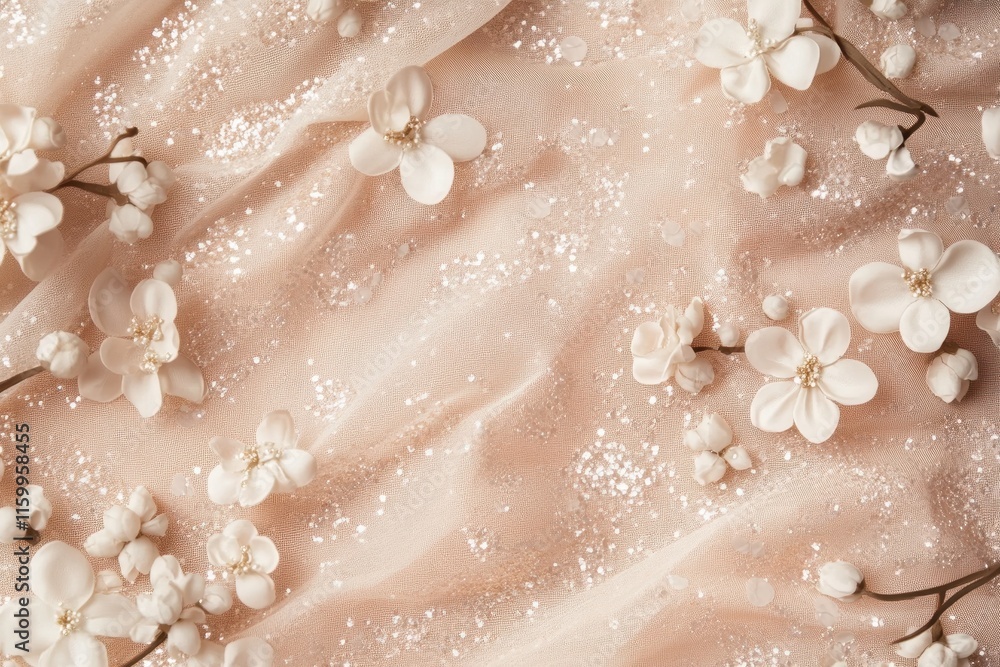 Fototapeta premium Elegant Peach Fabric with Delicate White Flowers: A Luxurious Spring Floral Arrangement