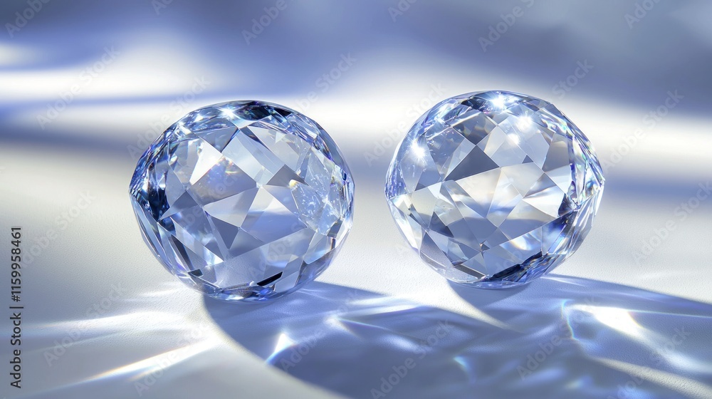 Two sparkling crystal spheres on a light blue surface. Two sparkling crystal spheres on a light blue surface.