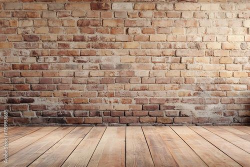 Rustic Red Brick Wall with Wooden Floor Perfect for Industrial Design Background : Generative AI