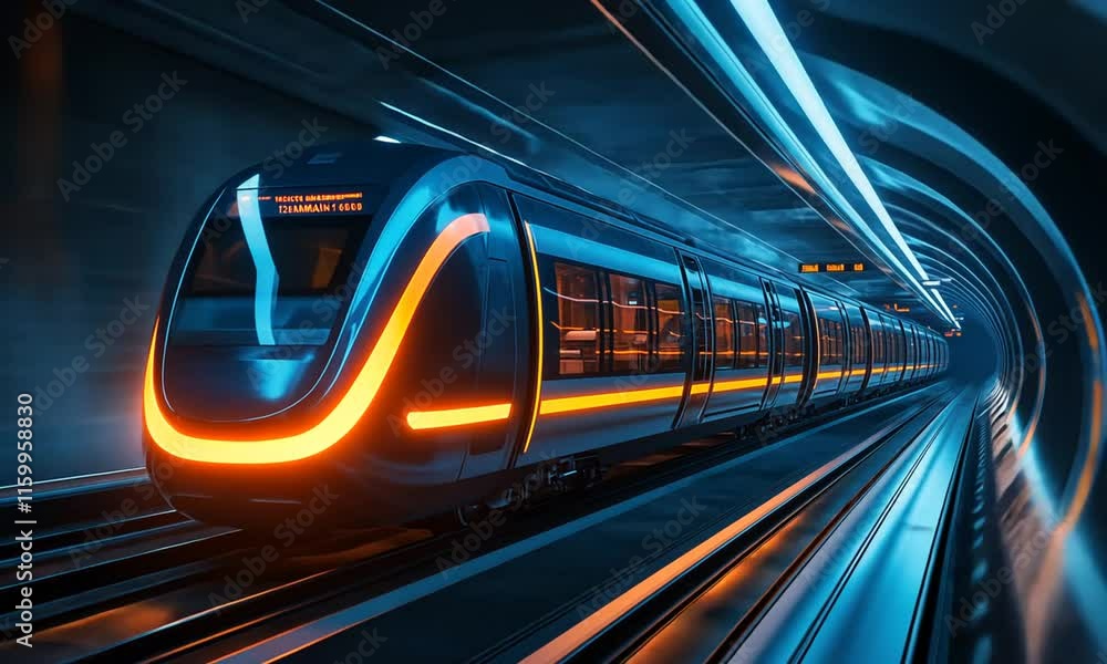Futuristic train in a neon-lit tunnel, showcasing modern transport technology. Futuristic train in a neon-lit tunnel, showcasing modern transport technology.
