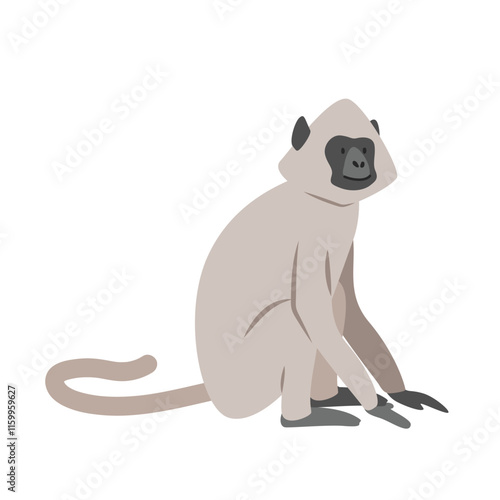 Gray langur cartoon clipart. Sacred langur or white-handed langur vector illustration in flat style. Old World monkey. Hand-drawn wild animal concept