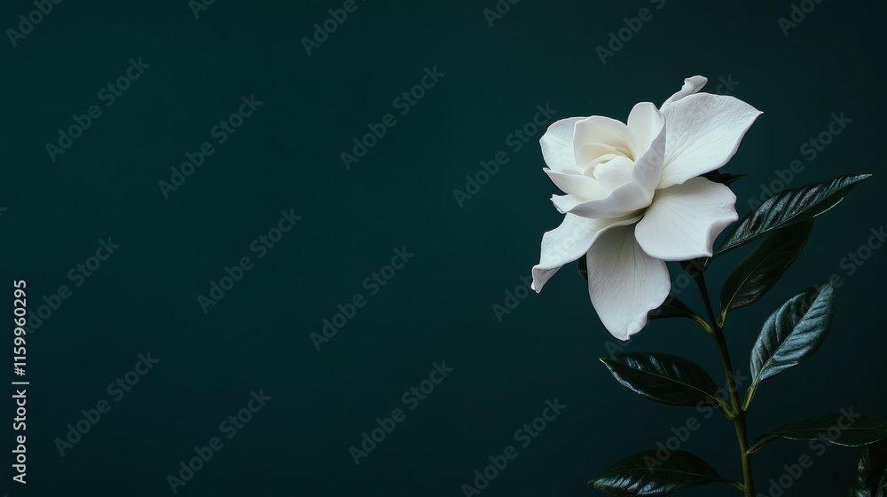 Obraz premium A solitary white gardenia against a dark green backdrop, side view shot, Elegant style