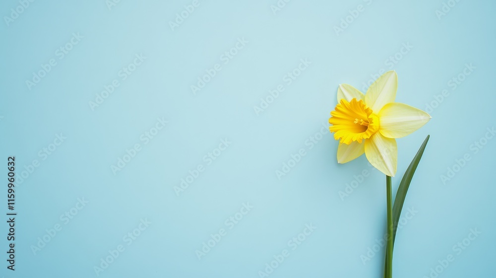 Obraz premium A solitary yellow daffodil in a pale blue backdrop, angled shot, Fresh style