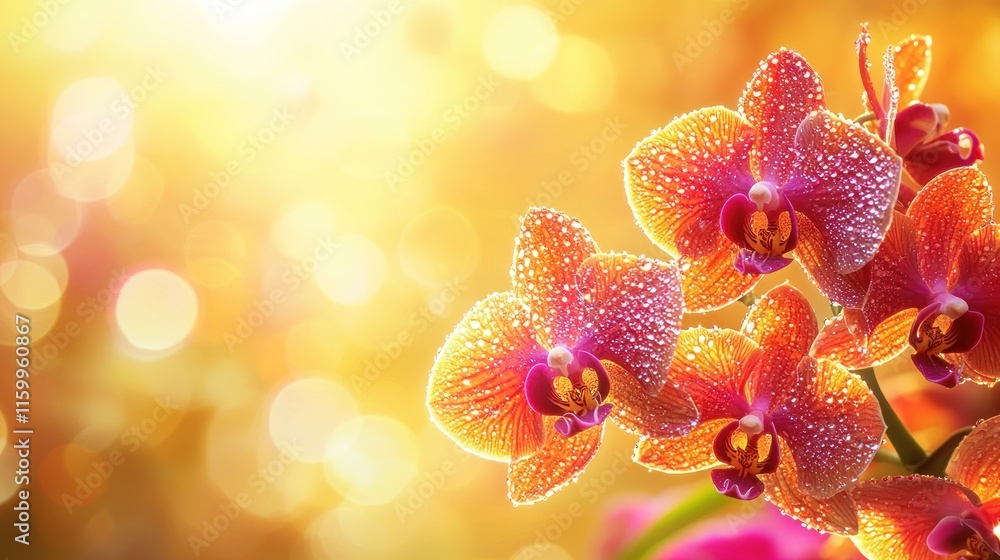 Dew-kissed orange orchids in sunlight. Dew-kissed orange orchids in sunlight.
