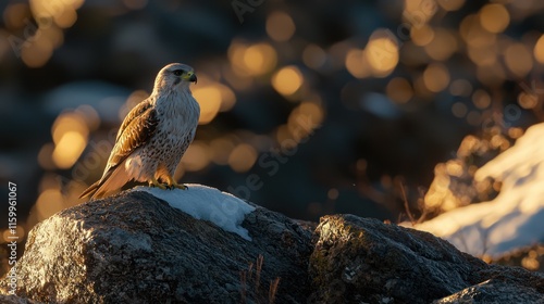 Rough-legged hawk perched on snowy rock at sunset. photo