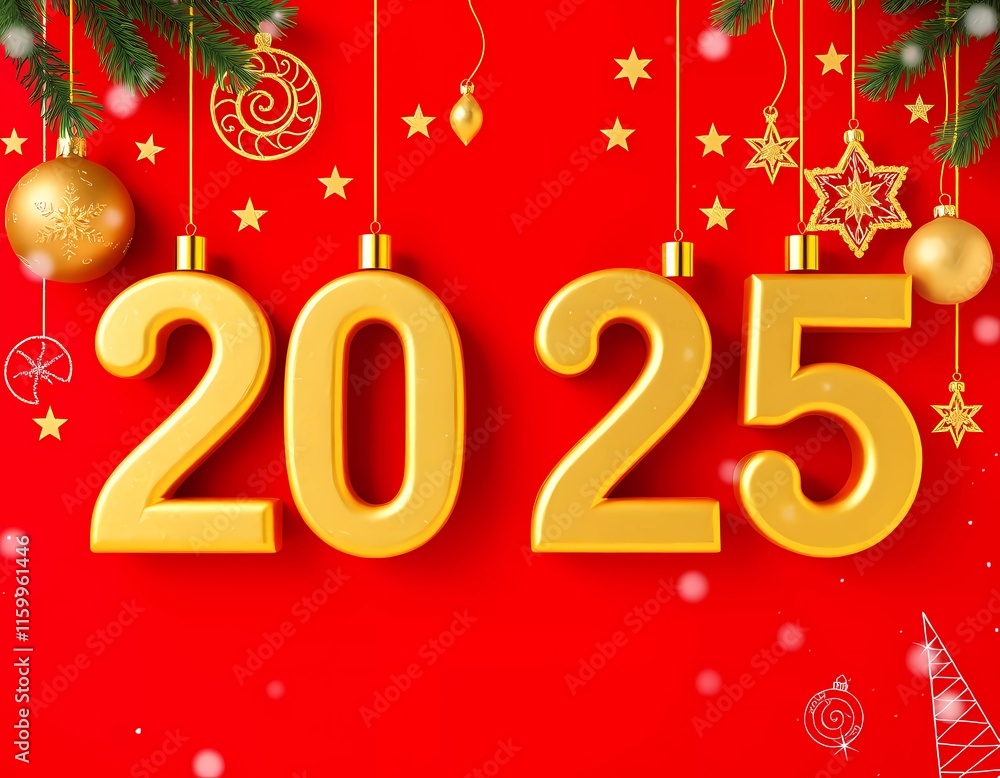 Celebrate the New Year 2025 with a vibrant design featuring gold numbers and elegant holiday ornaments. Perfect for festive graphics, holiday concepts, and seasonal greetings. Celebrate the New Year 2025 with a vibrant design featuring gold numbers and elegant holiday ornaments. Perfect for festive graphics, holiday concepts, and seasonal greetings.