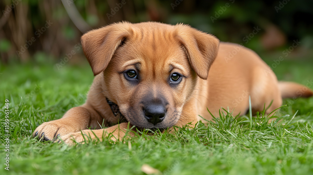 Adorable brown puppy lying in green grass, showing sweet and innocent expression. Perfect for pet-related projects, websites, or social media. Adorable brown puppy lying in green grass, showing sweet and innocent expression. Perfect for pet-related projects, websites, or social media.