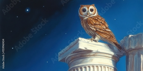 Greece style art, An artistic depiction of Athena's owl, capturing its beauty while perched, ideal for creative and educational projects. photo