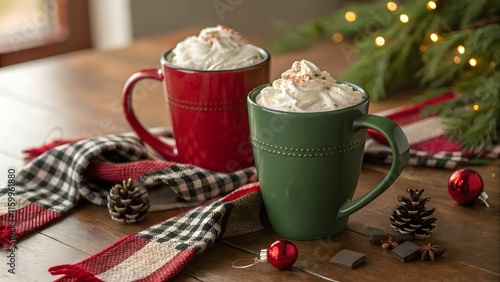 2 cups of hot chocolate filled with whipped cream on table decorated with Christmas ornaments