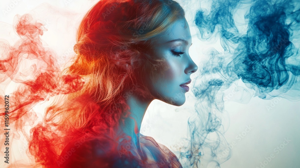 Fototapeta premium Profile of a woman with red and blue paint effects