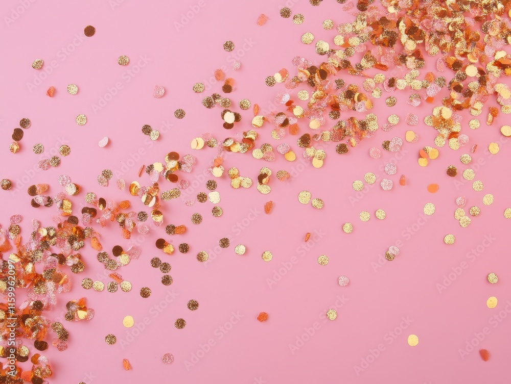 Festive Pink Background with Golden and Rose Gold Confetti Scattered Festive Pink Background with Golden and Rose Gold Confetti Scattered