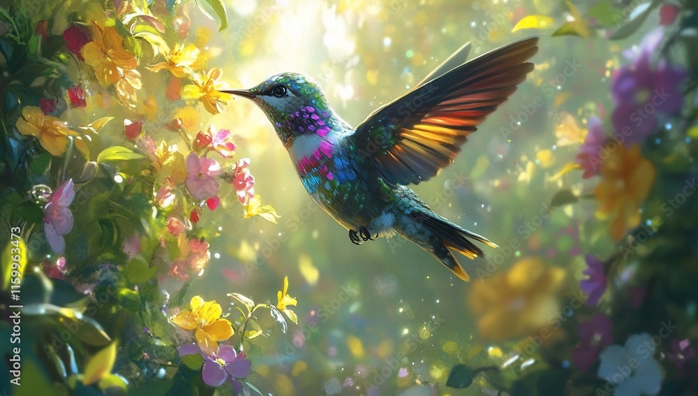 Fototapeta premium Vibrant hummingbird in flight, feeding on colorful flowers amidst sunlight.