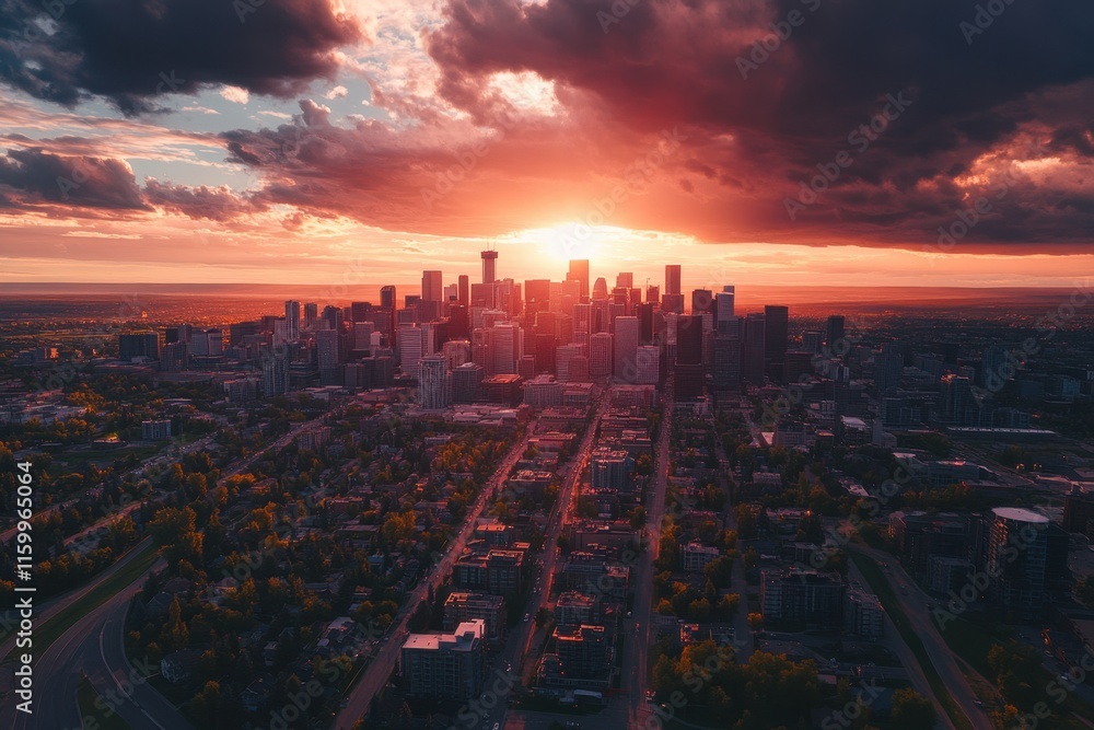 Fototapeta premium Calgary Skyline Aerial View at Sunset, July 10, 2024: Stunning Summer Scene in Alberta, Canada.