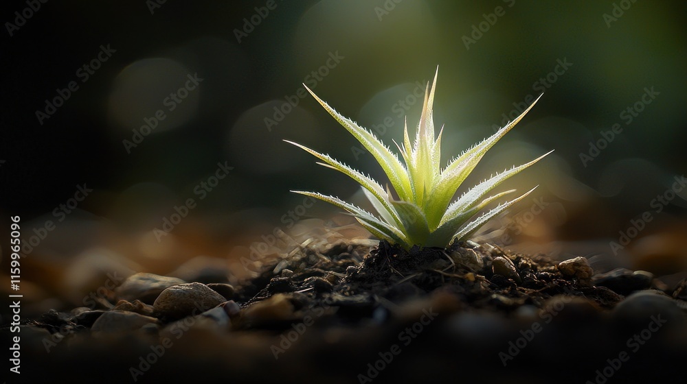 Fototapeta premium Young pineapple plant sprout in sunlight.