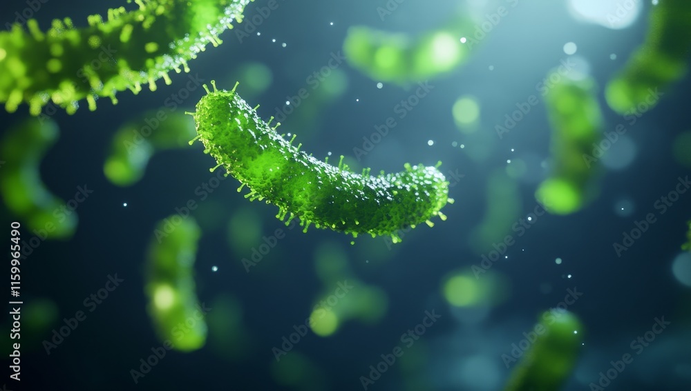 Microscopic view of green bacteria floating in dark blue background. Microscopic view of green bacteria floating in dark blue background.